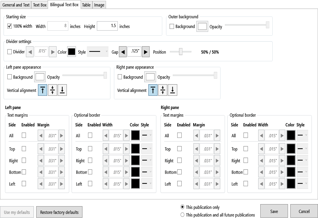 Default Settings Bilingual Text Box tab with size, pane backgrounds, divider, margins, and border controls.