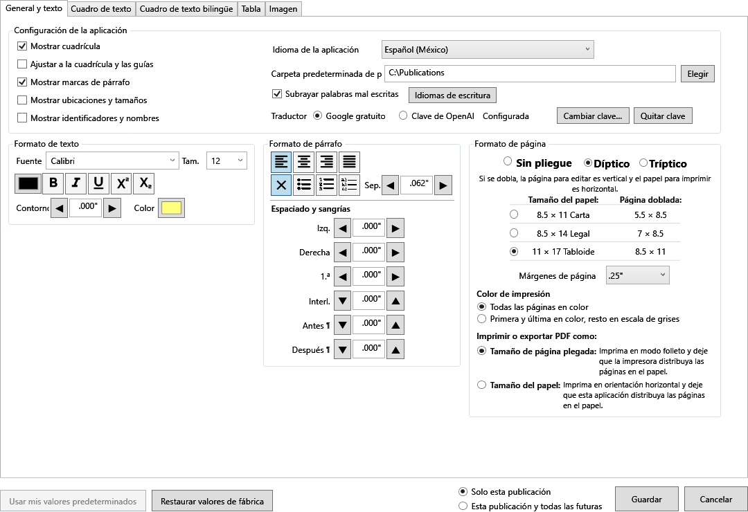 Pestaña actual General y texto de Configuración predeterminada en español con idioma, texto, párrafo, Tamaño del papel y Márgenes de página.