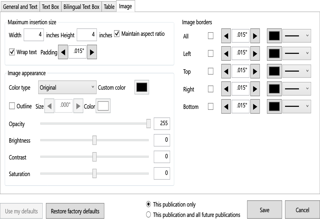 Default Settings Image tab with maximum insertion size, outline, maintain aspect ratio, color, wrapping, padding, and border controls.
